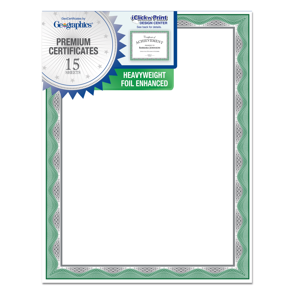 ROYAL CONSUMER PRODUCTS, LLC 48763 Geographics Heavyweight Foil Certificates, 8-1/2in x 11in, Green With Silver Foil, Pack Of 15