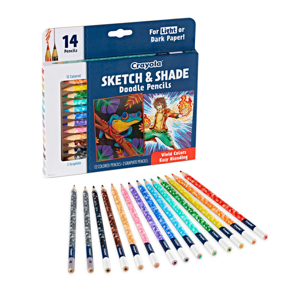 Create beautiful artwork with Crayola Doodle And Draw Sketch And Shade Pencils. Each pencil has a soft gel core for highly pigmented color and smooth blending.  CRAYOLA COLORED PENCIL SET: 12 count Crayola Colored Pencils for Sketching and Shading, including 2 Graphite Pencils.  HIGHLY PIGMENT SOFT GEL CORE: Smooth, blendable colors that stand out on light and dark paper.  PRESHARPENED COLORED PENCILS: These Crayola Colored Pencils are ready for use right out of the box.  DURABLE COLORED PENCILS: Premium long-lasting colored pencils with a vibrant and smooth lay down.SAFE: Ideal for tweens & teens.  Includes 12 sketching and shading pencils in assorted color and 2 graphite pencils.  ACMI Certified AP Nontoxic. For detailed information see www.acmiart.org.  Conforms to ASTM D4236 standards. For detailed information see www.astm.org.  Less harsh chemicals - made with fewer harsh chemicals, or safer chemicals than typical alternatives, helping  reduce your use of and exposure to substances that may be more harmful to your health and the environment.