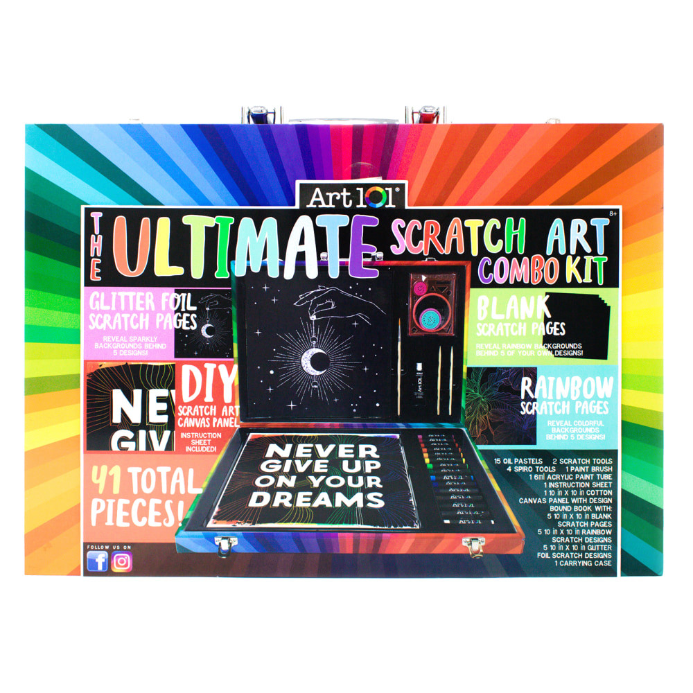 Create fun designs with the Art 101 Ultimate Scratch 41-Piece Art Combo Kit. This set features several fun scratch art activities that store in the colorful case for easy transport.  Set includes five 10in x 10in rainbow scratch sheets and five 10in x 10in glitter scratch sheets, each with a trendy pattern.  Use the scratch tool to trace the patterns and reveal fun colors or sparkly backgrounds.  Also includes 5 blank 10in x 10in scratch sheets, one 10in x 10in cotton canvas with a fun quote design, 1 black acrylic paint tube, 1 paint brush, 15 oil pastels and scratch tools.  Step-by-step instructions included inside.  Stores in a colorful, portable case.