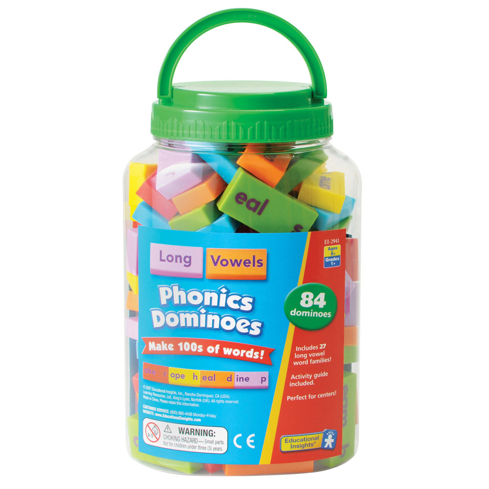 The phonics fun and learning stack up with these colorful dominoes, designed to help kids build hundreds of words! Each domino is printed with high-utility consonants and important phonograms (word families), allowing children to practice word formation. The set includes 84 dominoes in six bright colors, packed in a sturdy, crystal-clear storage container with an activity guide.  Build hundreds of words with 84 single-sided dominoes  Dominoes are preprinted with high-utility consonants and two- and three-letter long vowel word families  Brightly colored dominoes in six colors for engaging play  Comes in a durable, crystal-clear storage container for easy organization  Perfect for hands-on phonics exploration and word formation games  Great for centers and learning at home or in the classroom