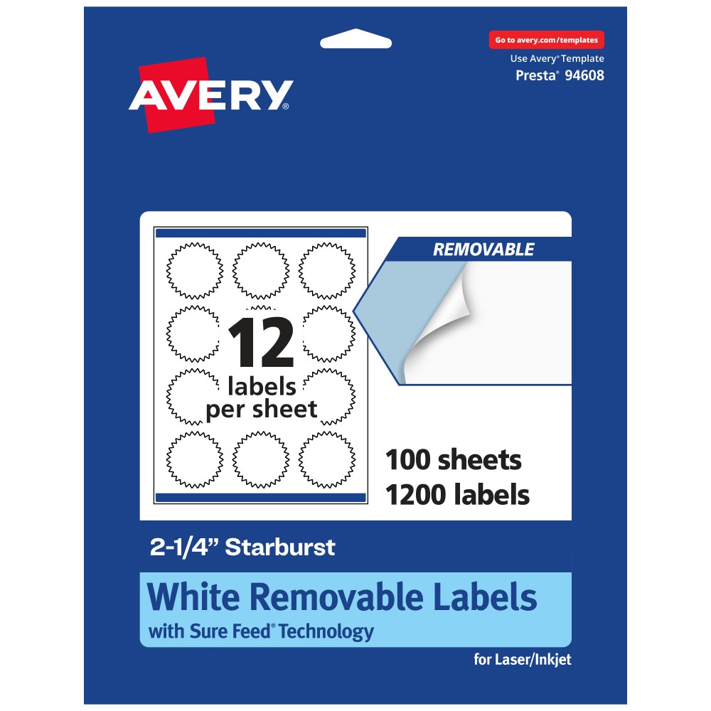 AVERY PRODUCTS CORPORATION 94608-RMP100 Avery Removable Labels With Sure Feed, 94608-RMP100, Starburst, 2-1/4in, White, Pack Of 1,200 Labels
