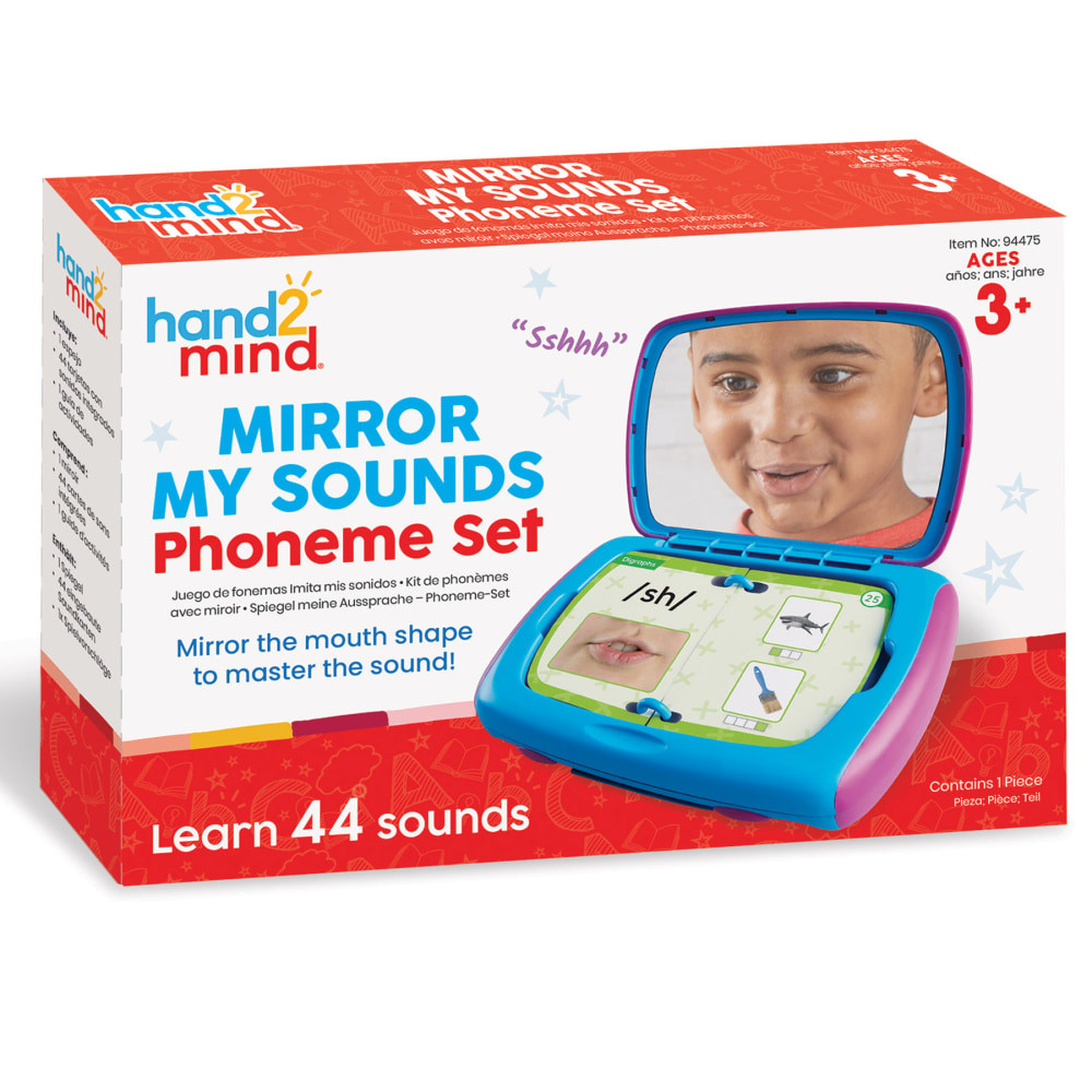 Help children master the 44 sounds of the English language with this easy-to-use phonetics set. Using the included booklet and mirror, children can practice making each sound while observing the correct mouth and tongue positions. This set is perfect for early readers looking to develop phonetic skills.  Practice 44 different sounds of the English language  Includes a mirror for self-observation of mouth and tongue positions  Activity guide with step-by-step instructions written by a reading specialist  Durable, compact case with a built-in kickstand for convenience  Comfortable side grips for easy handling