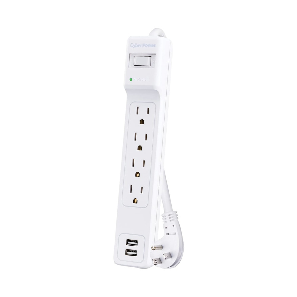 The CyberPower P403URC1 4-Outlet Home Office Surge-Protector Power Strip With 2 USB Ports allows you to safely power and charge your devices. It provides 500 Joules of surge protection with an auto shutoff feature for safe use.  Provides 500 Joules of surge suppression.  Max power output of 125V.  Uses a 15 amp circuit breaker.  NEMA 5-15P right-angle, low-profile plug for flush placement.  Features 2 USB ports with 2.1 amps shared.  EMI/RFI filtration for clean power.  LED indicator light for protection status.  Integrated circuit breaker shuts down if the overload exceeds the units ability to suppress the signal.  Metal Oxide Varistor (MOV) technology allows normal currents to pass through the device.  MOV technology diverts any surges/spikes through the ground circuit to safeguard the unit.  Includes keyhole slots for mounting.  Durable damage-resistant casing.  UL listed.  Backed by the manufacturers limited lifetime warranty.  Helps save energy - designed to limit the energy used by other products, potentially helping you reduce your carbon footprint and save money.