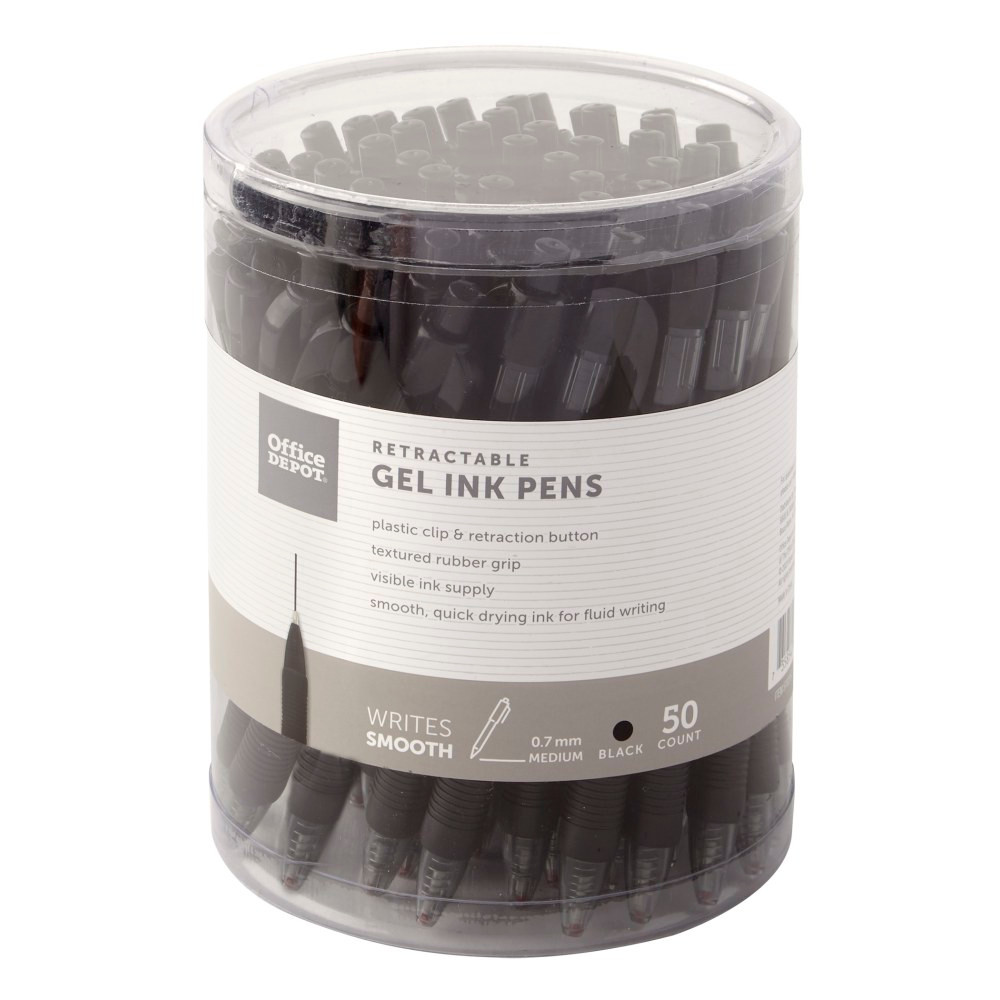 OFFICE DEPOT GP110202BK  Brand Callisto Retractable Gel Ink Pens, Medium Point, 0.7 mm, Black Barrels, Black Ink, Pack Of 50 Pens
