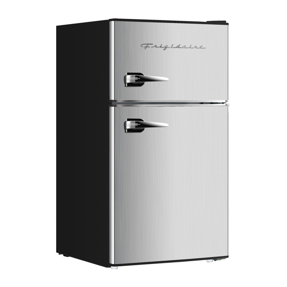 Finish your retro kitchen with the Frigidaire 2-Door Retro 3.2 cu ft Compact Refrigerator with Freezer. This mini fridge is made of durable metal and has chrome handles for a vintage look. The adjustable temperature control allows you to choose the right temperature for your food.  Mini fridge made of durable metal.  CFC-free coolant is environmentally friendly.  Ample 3.2 cu ft fresh food capacity provides space for groceries.  Interior accommodates 2-L and tall bottles for convenience.  In-door dairy rack.  Boasts 2 removable glass shelves and a bottom plastic bin for more storage.  Separate, top-mount freezer with additional storage inside door.  Adjustable temperature control lets you choose right temperature for your food.  Space-saving flush-back design.  Adjustable leveling legs help keep refrigerator stable on uneven floors.  Chrome handles offer a retro look.  Backed by the manufacturer's 1-year limited warranty.  Measures 34-1/8inH x 17-13/16inW x 21-5/16inD.
