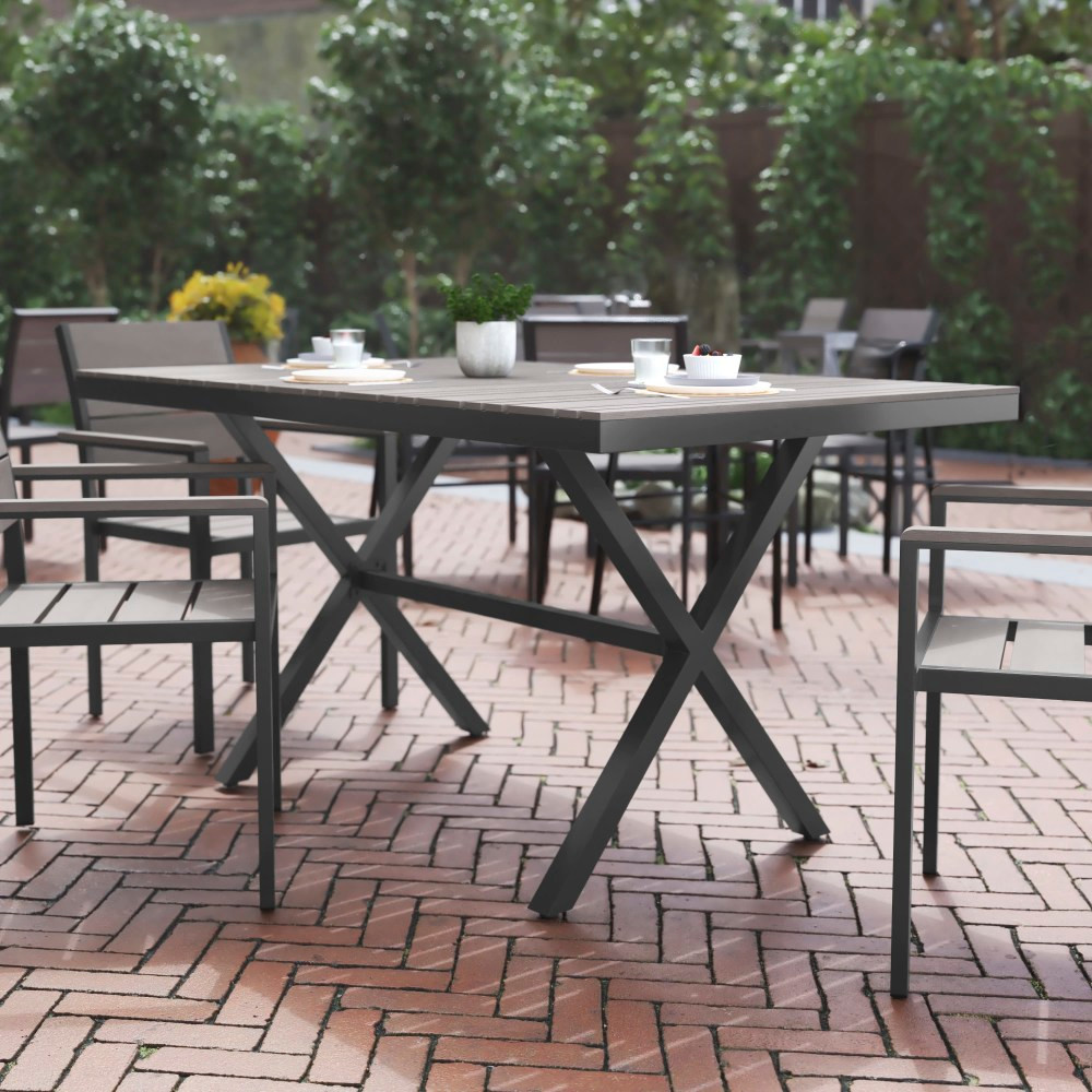 FLASH FURNITURE SBTB288GRY  Finch Commercial-Grade Faux Teak Poly/Metal X-Frame Outdoor Furniture Dining Table, 30-1/4inH x 35-1/2inW x 59inD, Gray