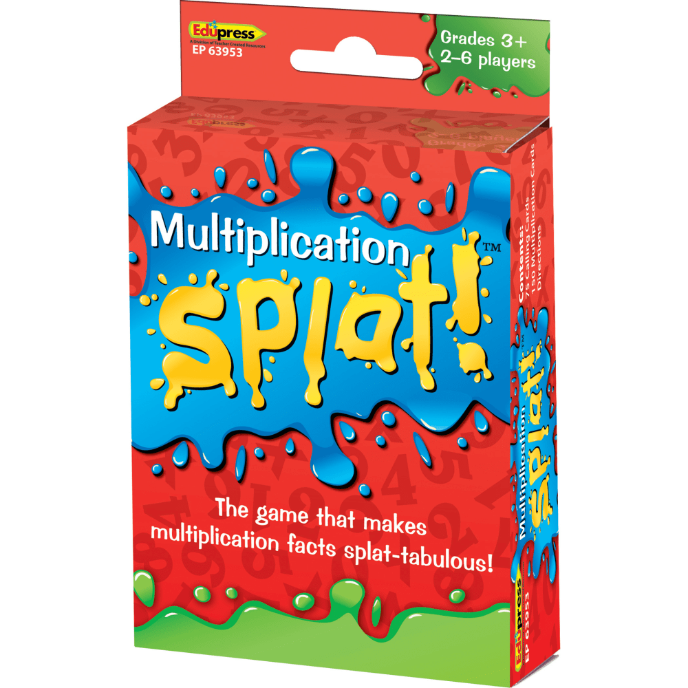 The Teacher Created Resources Multiplication Splat Card Game helps make learning math fun. This game helps kids practice multiplication facts from 1 x 1 to 12 x 12. The color-coded decks make it easy to adapt the game for one or multiple players.  Game provides practice for multiplication facts from 1 x 1 to 12 x 12.  Boasts 3 color-coded decks that make it easy to adapt the game for 1-on-1 practice or multiple players.  For 2 to 6 players.  Includes 225 cards that measure 3-1/2in x 2-1/4in.  For grades 3+.