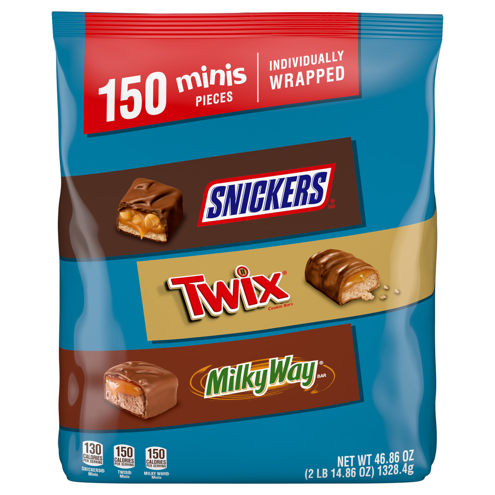 Enjoy all of your favorite chocolates with Mars Mixed Chocolate Variety Minis. The variety pack includes individually wrapped candies for sharing.  Includes a mix of TWIX, SNICKERS and MILKY WAY.  Candies are individually wrapped.  Ideal for parties and dessert recipes.