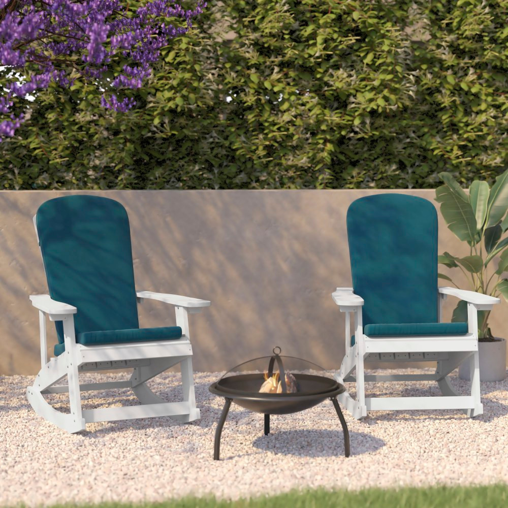 FLASH FURNITURE 2JJC14705CSTLWH  Savannah All-Weather Adirondack Rocking Chairs with Cushions, Teal/White, Set Of 2 Chairs