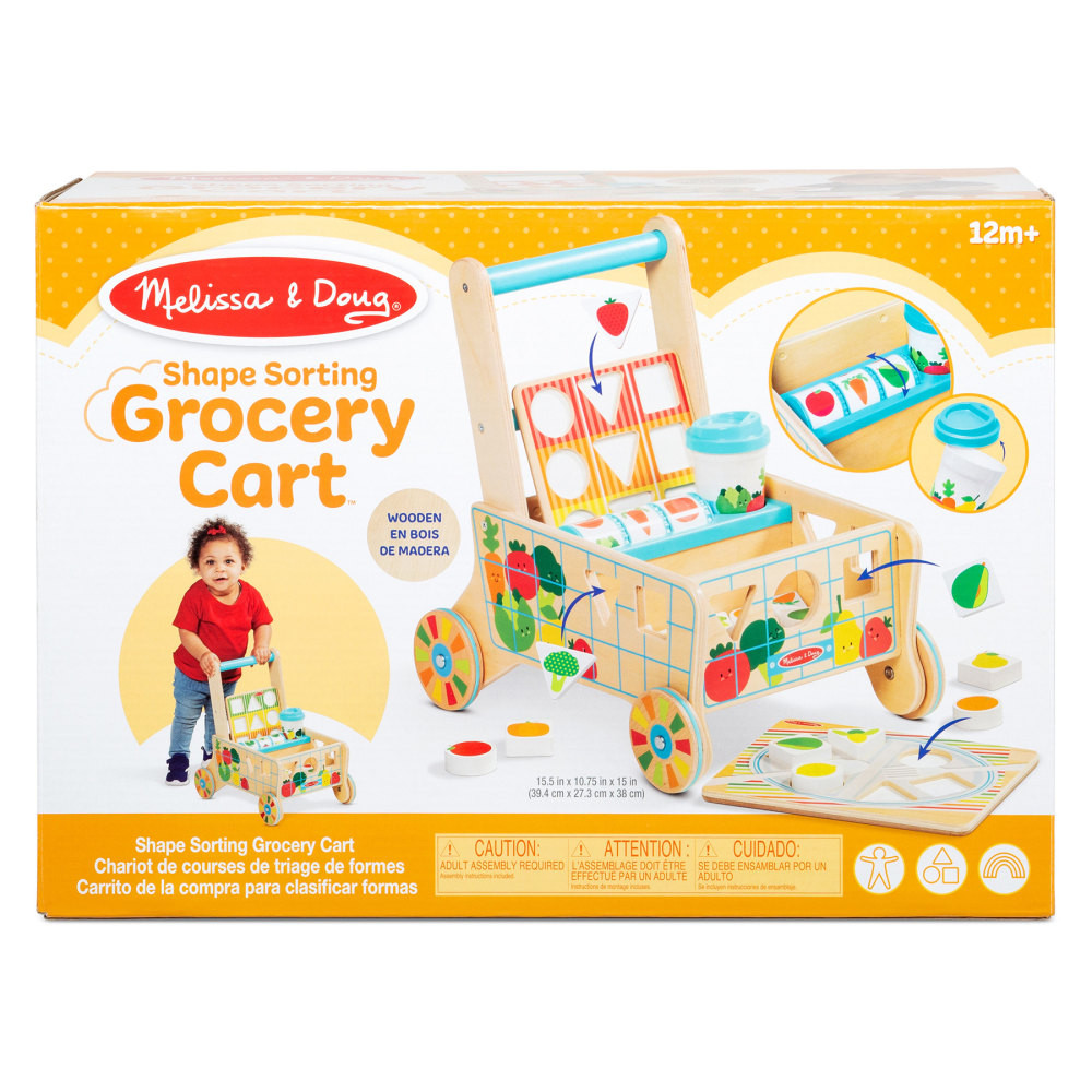 This cheerful and sturdy wooden grocery cart is filled with fun skill-building activities for infants and toddlers! Kids can sort chunky wooden food shapes, play matching games, and use the cart as a push toy to develop motor skills and imagination. The cart also features a roller drum for sensory play and a coffee cup with a removable lid for pretend play.  16-piece wooden grocery cart set with shape-sorting and chunky puzzle pieces  Includes a cart with built-in matching game roller drum, cup holder, 2 puzzle boards, and 12 chunky wooden pieces  Encourages fine and gross motor skills, problem-solving, color and shape recognition, sorting, sequencing, and counting  Play coffee cup with removable lid fits in the cart's cup holder for pretend play  Great for infants and toddlers ages 12 months to 2 years for hands-on, screen-free developmental play