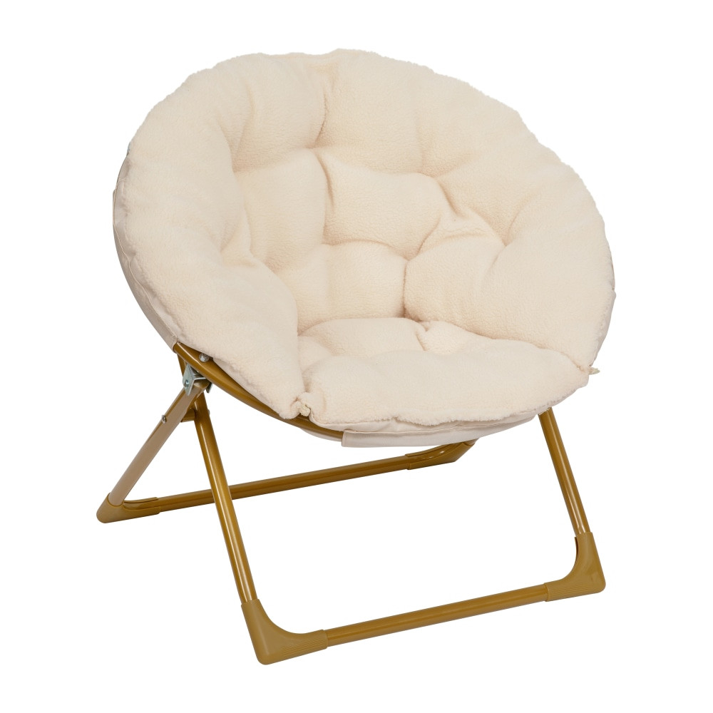 Give your kids the perfect place to hang out with the plush softness of this mini saucer chair.  Contemporary Kids Mini Folding Saucer Chair  Faux Fur Uphostery  Thickly Padded Back and Seat for Comfort  Foldable Design for Storage and Portability  Steel Frame Holds up to 150 LBS. Static Weight  Locking Legs and Anti-Tip Corners for Safety  Tested and Certified to Comply with all USA Toy Safety Regulations  Wipe Clean with a Mild Detergent and Damp Cloth  No Assembly Required