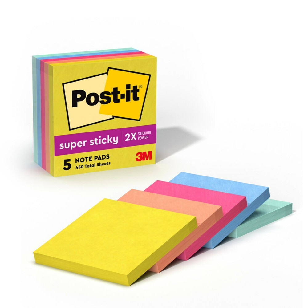 Whether jotting down your daily to-dos, brainstorming big ideas, studying or setting reminders, colors and ideas are always brighter together. These sticky notes feature 2X the sticking power. They also stick and re-stick - allowing you to move your notes with you throughout your day. They"re ideal for walls, doors, windows and other vertical surfaces, and like all Post-it Notes, they stick securely yet remove cleanly without damage. Keep your ideas across your notebooks, classroom books, calendars or other documents. No tape or tacks are needed with adhesive notes, saving you money and time on office products or school supplies. A great memo pad, these are ideal for using for notes or reminders to yourself or others. Post-it Super Sticky Notes are the perfect solution for shopping lists, reminders, notes on computer screens, time tracking, to-do lists, marking cables, color-coding documents, reminding kids to do chores, storyboarding, scratch paper and agile processing.  EXPERIENCE THE POWER OF 2X STICKINESS: Post-it Super Sticky Notes offer twice the sticking power of basic sticky notes, ensuring they stay put and wonT fall off  STICK AND RESTICK ANYWHERE: These notes adhere firmly to walls, windows, doors, and other vertical surfaces, allowing you to move your reminders with ease  VERSATILE AND ESSENTIAL: Post-it Super Sticky Notes are the perfect solution for shopping lists, reminders, to-do lists, color-coding, labeling, family chore reminders, brainstorming, storyboarding, and quick notes  TRUST THE ORIGINAL CREATOR: the one and only Post-it Note was invented over 40 years ago by the Post-it Brand  ENHANCE YOUR NOTE-TAKING EXPERIENCE: Download the free Post-it App on your smartphone or tablet to enjoy the simplicity and convenience of Post-it Notes anytime and anywhere  GET ORGANIZED: Each pack includes 5 pads of 3 in. x 3 in. notes, with 90 sheets per pad, great for your office, work area, or classroom  Made in USA with globally sourced materials  INTRODUCING THE SUMMER JOY COLLECTION: Share the warmth of the summer sunshine memories all year long with these colors from the Summer Joy collection including Citron, Papaya Fizz, Power Pink, Fresh Mint and Washed Denim