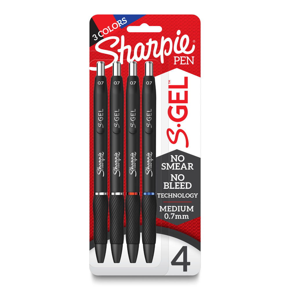 Experience a high-performance gel pen with the Sharpie S-Gel. With no smear, no bleed technology, this Sharpie pen delivers an exceptional writing experience. The gel ink pen features intensely bold colors for always vivid writing, while the contoured rubber grip provides you a comfortable writing experience during any writing task.  Gel pen with no smear, no bleed technology  Intensely bold gel ink colors offer always vivid writing  Contoured rubber grip for a comfortable writing experience  Medium Point (0.7mm)  Includes 2 black, 1 blue, and 1 red gel ink pens  Refillable - designed to be used repeatedly, helping you avoid single-use disposables and potentially save money.
