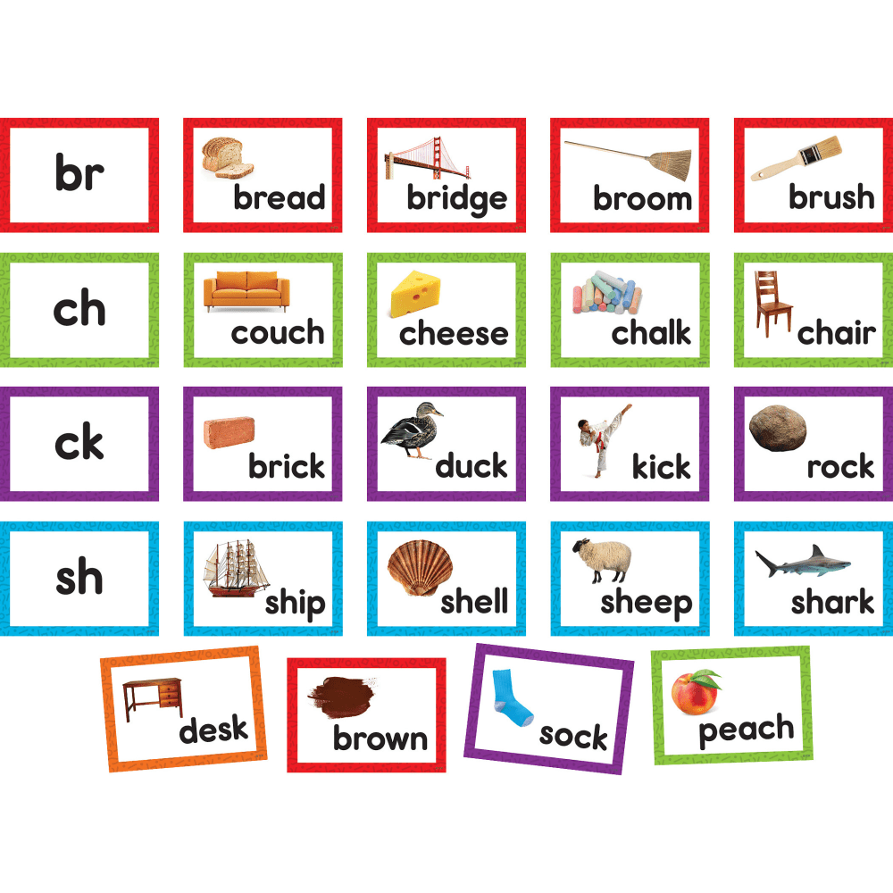 Students will quickly master consonant blends and digraphs with these pocket chart cards.  Cards measure 3-1/4in tall with a write-on/wipe-off surface.  Each set includes 210 total cards: 35 blend and digraph sound cards, 170 picture word cards, and 5 blank cards.  Sold as 2 sets for a total of 420 cards.