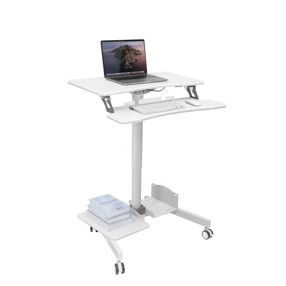 Make sure you can bring important workplace items with you thanks to this mobile workstation. The computer workstation is designed with a device slot and a keyboard tray to help find space for your essentials. The height-adjustable workstation can suit different users of different sizes.  Take your computer workstation anywhere with our all-in-one mobile sit-stand desk MI-7979W  Effortlessly alternate between sitting and standing with 13.8in height adjustment and enjoy a healthier and more active workday  Spacious 28in wide desktop with device slot and separate keyboard tray provides ample space for your laptop or monitor and keyboard/mouse  Bonus storage shelves on the bottom for printer and CPU  Ideal compact solution for a variety of settings including medical facilities, home office, and education  Effortless gas-spring height adjustment between 29.5in and 43.3in lets you easily alternate between sitting and standing during you workday.  This compact workstation is the perfect addition to any environment from homes and offices to schools where space is limited and flexibility is key.