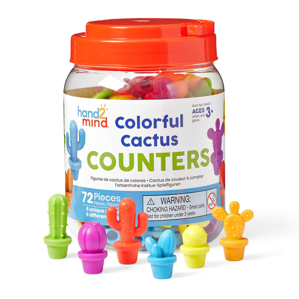 Inspired by the desert, these 72 Colorful Cactus Counters help students master early math skills. They can sort, count, make patterns, add, and subtract using the type of cactus, color, tactile elements, and more.  Our counting set includes 6 different cacti that come in 6 different colors and offer numerous ways to learn early math skills.  Counters are Montessori-themed, meaning that they are hands-on for kids to learn on their own.  Our colorful cacti provide a creative element to sorting. Kids can sort by color, cactus, arms and more!  Teacher-developed Activity Guide is included.  Counters come in a reusable plastic storage tote.