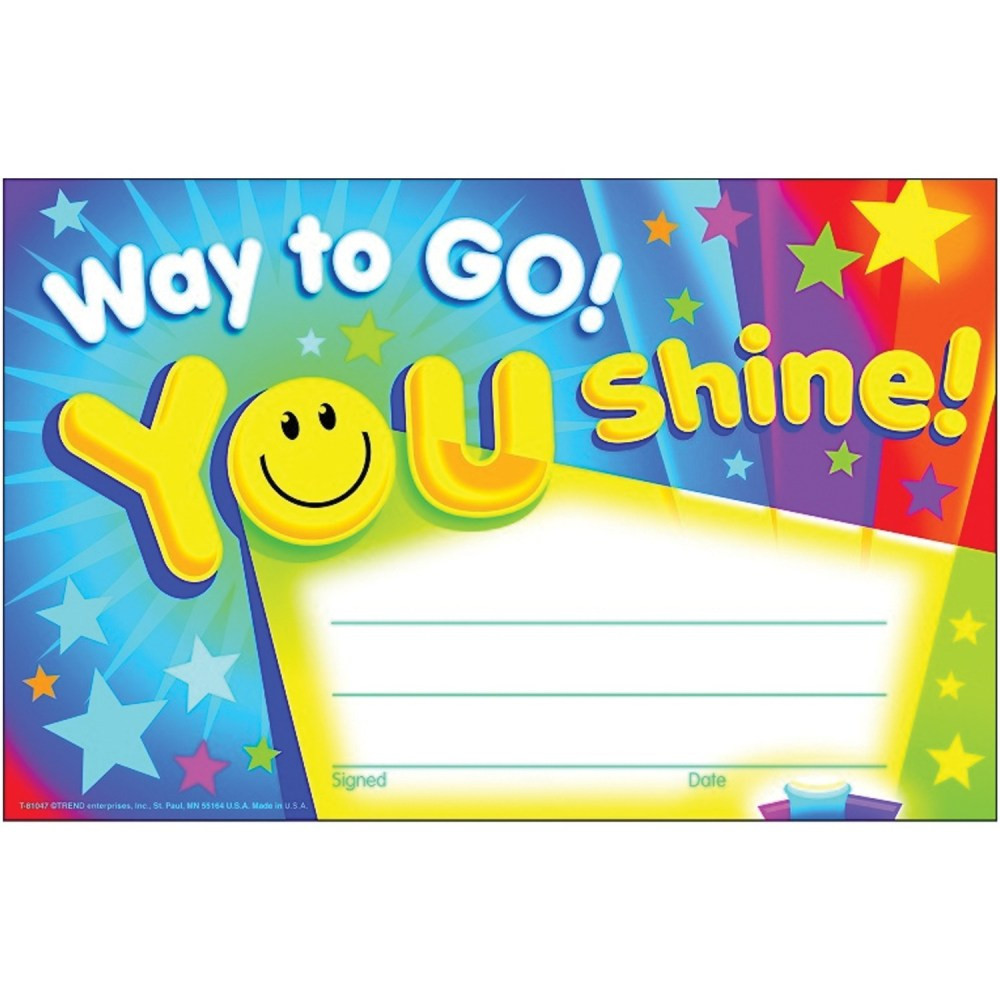 EDUCATORS RESOURCE T-81047-6 TREND Recognition Awards, Way to Go! You Shine!, 30 Per Pack, Set Of 6 Packs