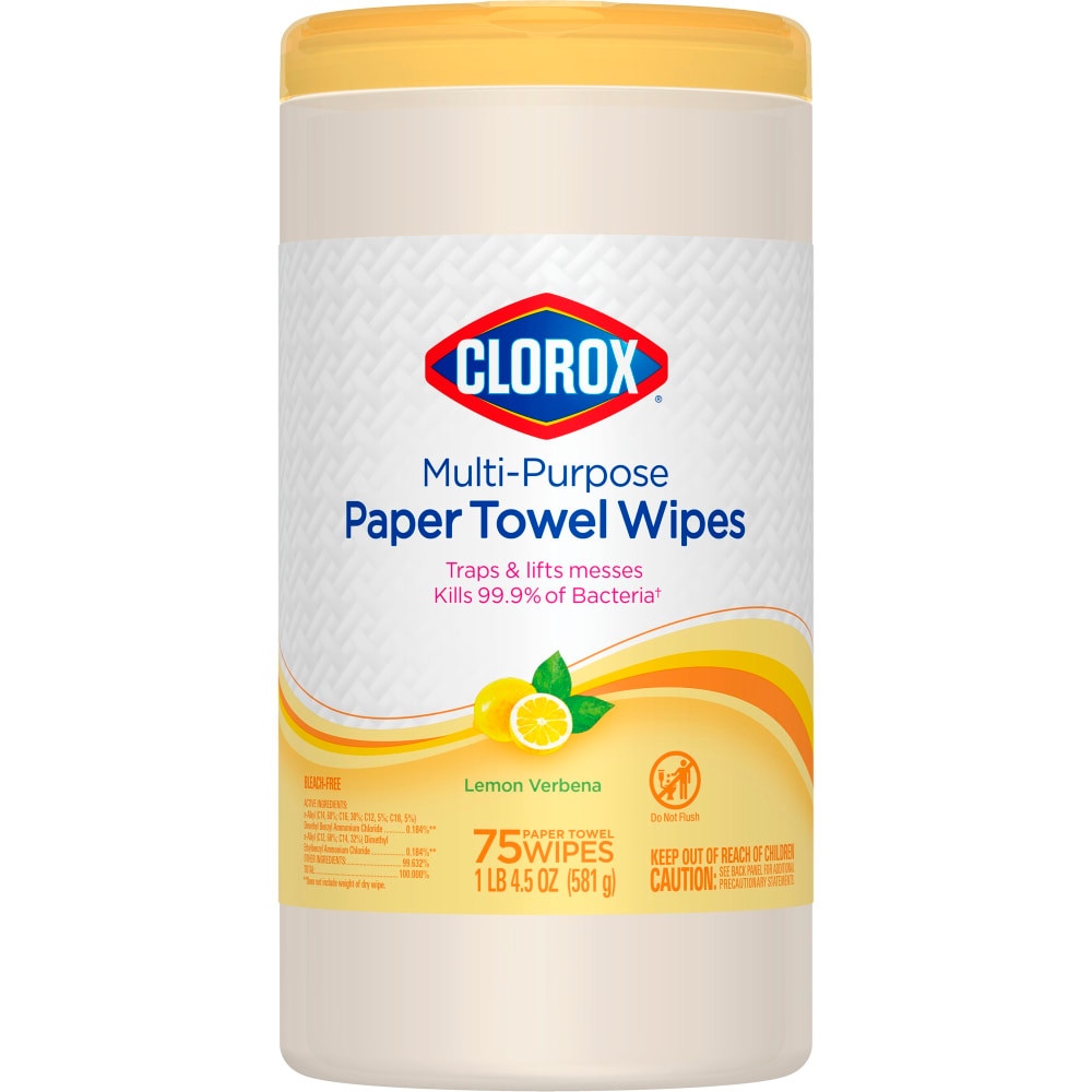 THE CLOROX COMPANY 10044600325788 Clorox Paper Towel Wipes, 6-5/8in x 8-1/4in, Lemon Verbena Scent, White, Canister Of 75 Wipes