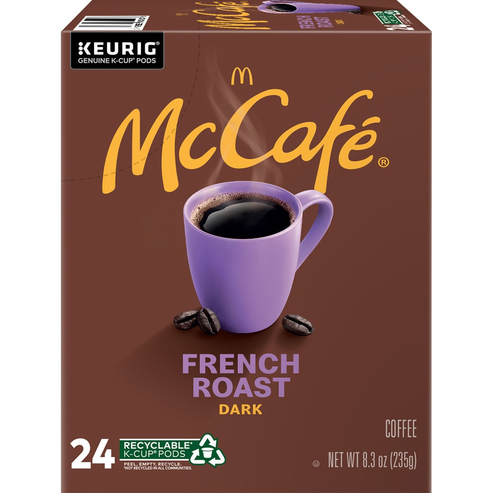 Kickstart your morning with the McCafe French Roast Coffee K-Cup Pods. The pods are made with 100% Arabica coffee beans for a bold, dark flavor, and they're caffeinated to ensure you're ready-to-go.  Made with 100% Arabica coffee beans for a bold flavor.  Caffeinated.  Kosher.  Compatible with most Keurig coffee brewers.  Recyclable.