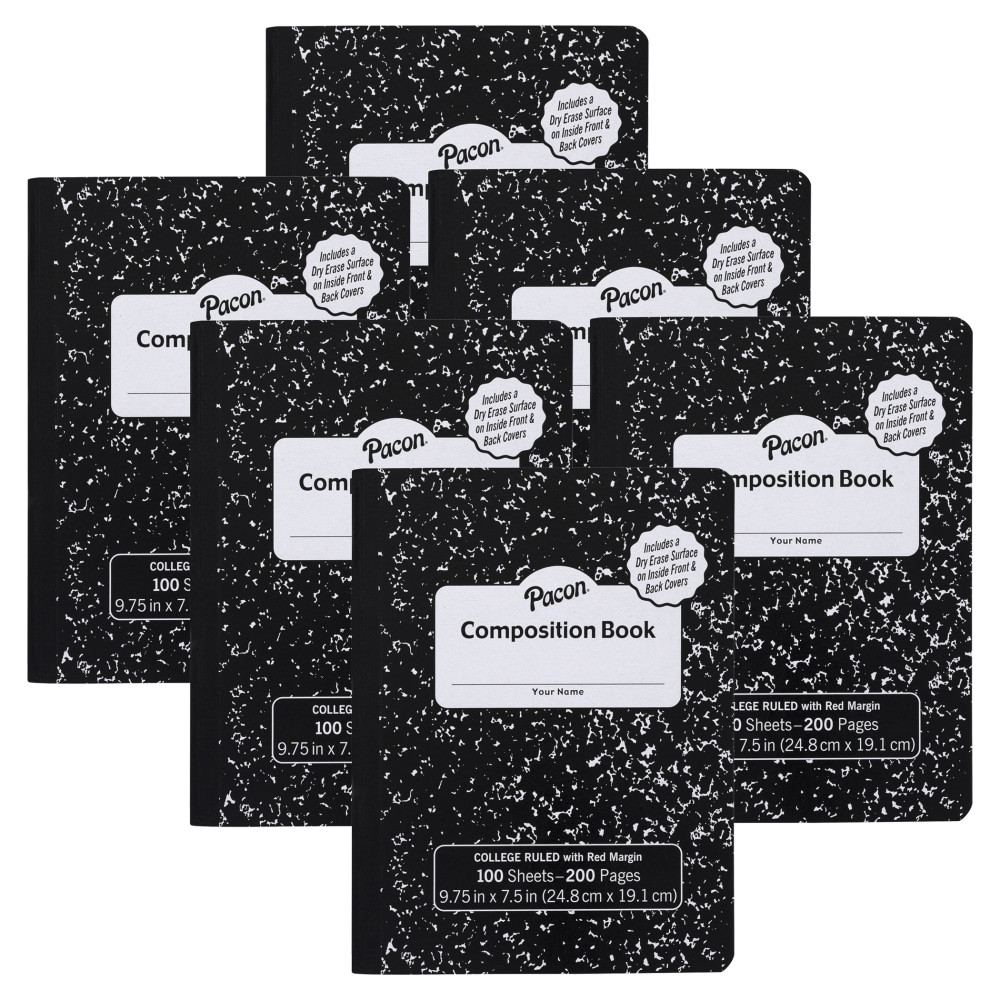 EDUCATORS RESOURCE PACMMK37101DE-6 Pacon Composition Books With Dry Erase Surfaces, 9-3/4in x 7-1/2in, Black Marble, 100 Sheets/200 Pages, Pack Of 6 Books