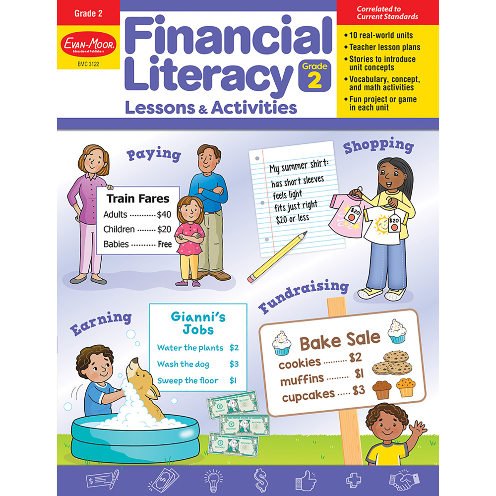 Choose Evan-Moor Financial Literacy Lessons & Activities to give students the tools they need to succeed financially. The lessons and activities are crafted for a specific grade level, providing helpful visual aids, real-world stories and more to keep their interest.  Offers a teacher overview with a suggested teaching plan, discussion questions and vocabulary to help you craft intriguing lessons.  Real-world stories help introduce the theme for each unit, engaging students from the beginning.  Cross-curricular activities manage to introduce vocabulary, reading comprehension and social studies.  Reproducible cut-out math manipulatives, reference sheets and visual aids give you options.  Math application brings real-world problems to the surface to prepare them.  Hands-on activities are sure to excite young minds.  Comes with 144 reproducible pages and an answer key.  Helps kids learn about using money, buying groceries, getting allowances, paying at restaurants, raising money and more.  Specifically designed for 2nd graders.