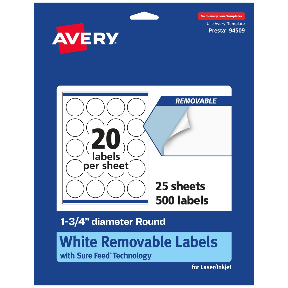 AVERY PRODUCTS CORPORATION 94509-RMP25 Avery Removable Labels With Sure Feed, 94509-RMP25, Round, 1-3/4in Diameter, White, Pack Of 500 Labels