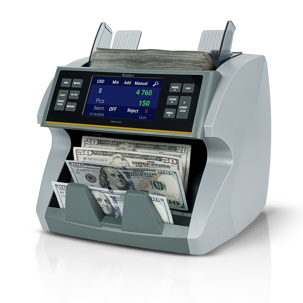 Save time counting bills and reduce errors with the Kolibri KBR-1500 V2 1-Pocket Mixed Denomination Bill Counter And Sorter. It uses 3 modes of detection to locate any potential counterfeit currency. The counting machine is compact with a portable design suitable for businesses and individuals.  Ultraviolet, magnetic and infrared counterfeit detection for effective protection.  Mix, Add, Batch, Add + Batch, Sort, Count and Auto/Manual modes for versatility.  Count and sort mixed denomination bills quickly and accurately.  Portable design with 1-1/2ft cord for enhanced maneuverability.  Compatible with USD currency.