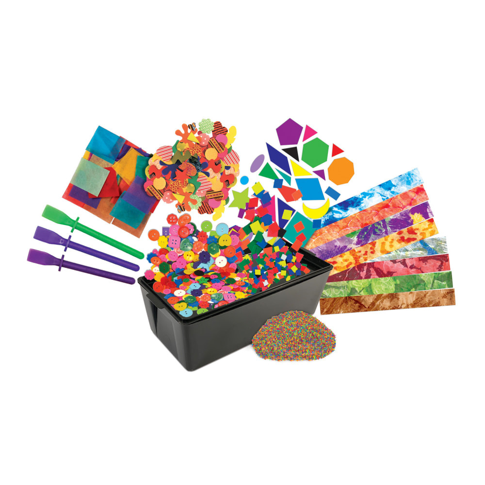 Craft collages, 3-D projects and more with the Roylco Art Start Kit. This kit has a everything a kid needs to express their creativity, including tissue squares, colored rice, geo shapes and more.  For kids ages 4 and up.  Includes tissue squares, mosaic squares, colored rice, bright buttons, paper popz, geo shapes, crafty strips, goo spreaders and a plastic storage container.