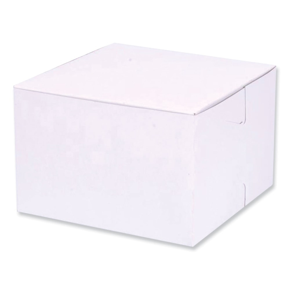 The SCT Paper Bakery Boxes help keep your baked goods safe and sound. These paperboard boxes feature a convenient 1-piece construction with locking corners for sturdiness and easy assembly.  Traditional bakery boxes made of sturdy paperboard.  Convenient 1-piece construction makes boxes easy to assemble.  Locking corners ensure that your cookies and cakes arrive at their destination safely.  Tuck-in top creates a secure closure.