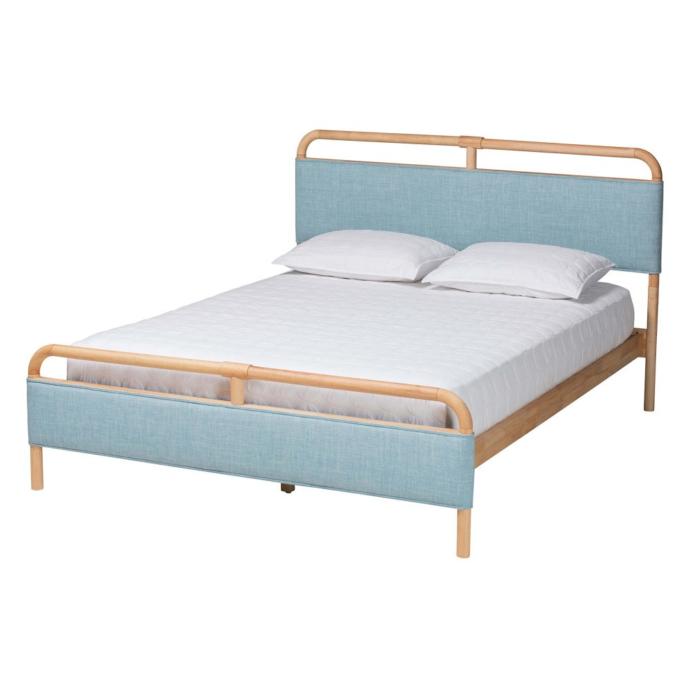 WHOLESALE INTERIORS, INC. 2721-13448 Baxton Studio Mateo Fabric And Natural Wood Queen Size Platform Bed, Baby Blue