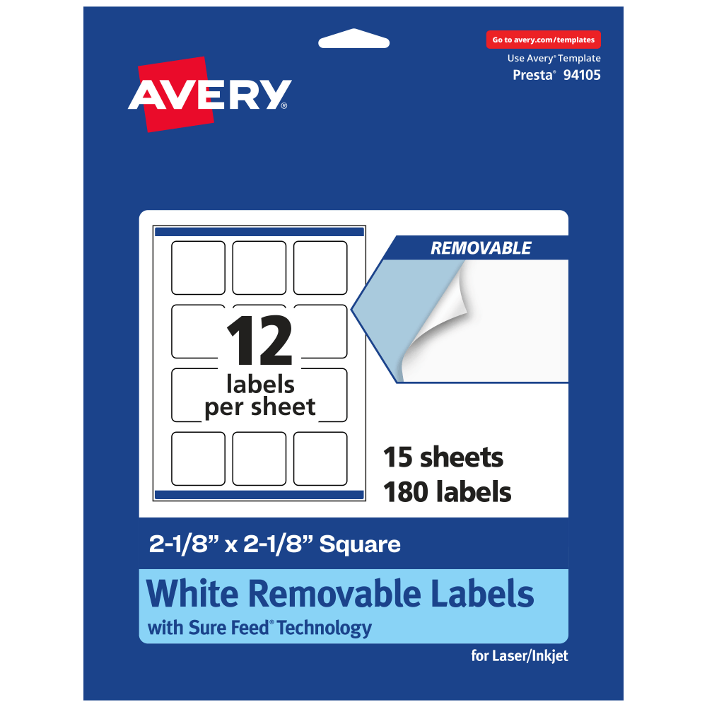 AVERY PRODUCTS CORPORATION 94105-RMP15 Avery Removable Labels With Sure Feed, 94105-RMP15, Square, 2-1/8in x 2-1/8in, White, Pack Of 180 Labels
