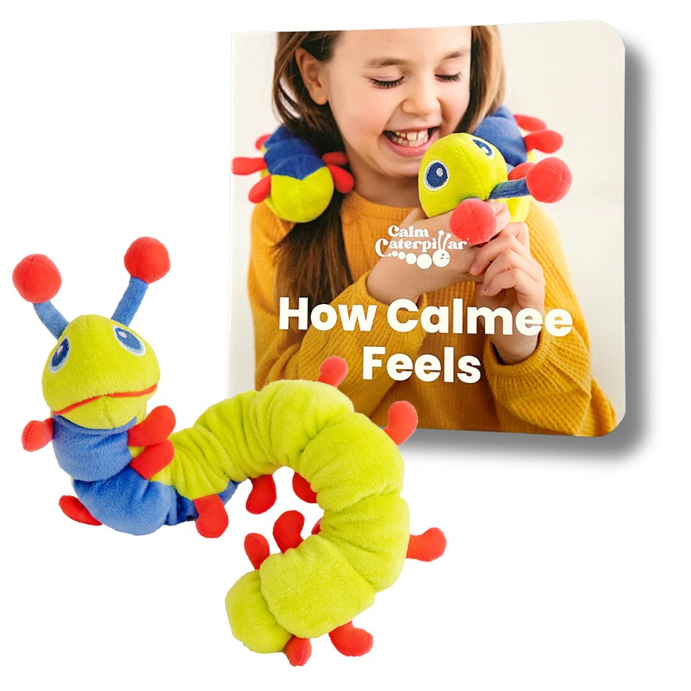 Teach kids how to control their emotions with the The Calm Caterpillar Calmee The Caterpillar & How Calmee Feels Book. The tool helps soothe and calm the nervous system, and it encourages kids to use their breath and sensory systems to change the way they feel.  Designed to soothe and calm the nervous system.  Encourages kids to use their breath and sensory systems to change the way they feel.  Made of soft polyester for comfort.  How Calmee Feels Book helps kids understand a wide range of emotions, including happiness, sadness, anger, excitement, confusion and more.