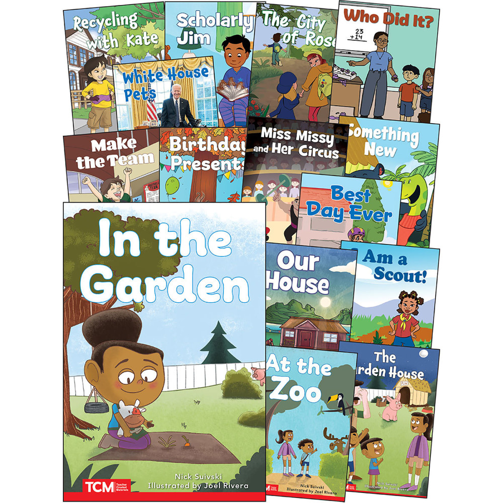 Assist early readers with important concepts like phonics knowledge and word recognition using Teacher Created Materials Decodable Books: Read & Succeed. Each book set includes family engagement pages to revisit important lessons.  Designed to introduce early readers to new sounds and progressively develop phonological awareness, phonics knowledge and high-frequency word recognition.  Some books are text-first books, offering decoding practice without illustrated clues first. The text is then repeated on the next spread with pictures.  Each book includes a family engagement page plus the phonics focus and high-frequency words learned.  Set aligns with the Science of Reading and Structured Literacy.  This 15-book set includes: In the Garden, At the Zoo, The Garden House, Our House, I Am a Scout!, Best Day Ever, Make the Team, Birthday Presents, Miss Missy and Her Circus, Something New, White House Pets, Recycling with Kate, Scholarly Jim, The City of Roses and Who Did It?