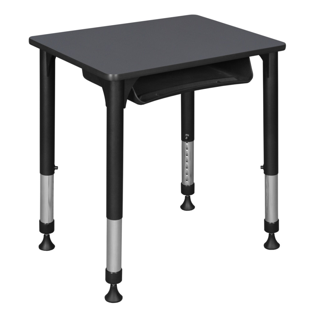 Keep students organized throughout the year with a Regency 26inW Rectangular Adjustable Height School Student Desk With Book Storage. An undermount Book Box holds folders, textbooks and other supplies for quick access. This durable desk is constructed with a durable laminate top thats scratch-, stain- and scald-resistant for lasting strength.  Desktop is constructed of a thermal fused melamine laminate that is 3/4in thick and finished with a T-Mold edge band.  Laminate is scratch-, stain- and scald-resistant for lasting durability.  Adjusts from 23in to 34in in height to accommodate students of all ages.  Height is easy to adjust by loosening and tightening a bolt with the included hex key.  Integrated Book Box mounts to the underside of the work surface to store textbooks and supplies.  Rounded corners promote safety.  Adjustable glides on the base provide stability.  Assembly required.  Backed by the manufacturers 10-year limited warranty.