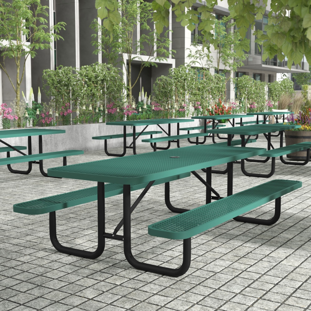 FLASH FURNITURE SLFEML96H60LGN  Mantilla Outdoor Picnic Table with Commercial Heavy Gauge Expanded Metal Mesh Top and Seats and Steel Frame and Ground Anchors, 8ft, Green