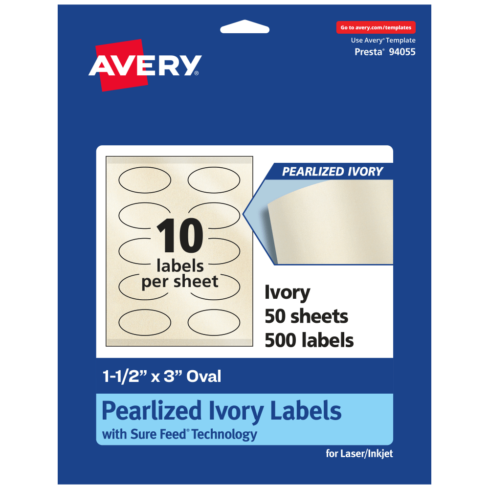 AVERY PRODUCTS CORPORATION 94055-PIP50 Avery Pearlized Permanent Labels With Sure Feed, 94055-PIP50, Oval, 1-1/2in x 3in, Ivory, Pack Of 500 Labels