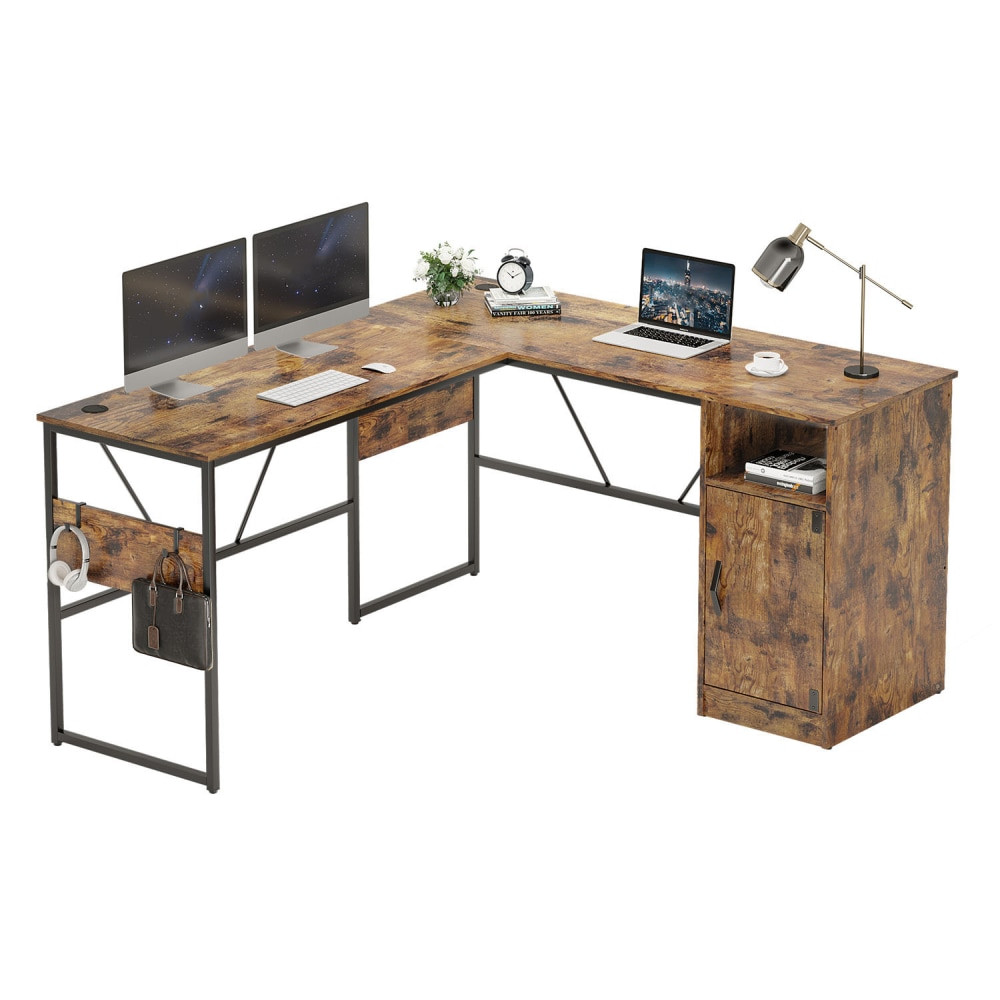 BESTIER D385R-RST  Reversible 60inW Corner Computer Desk With Storage Cabinet & Accessory Hooks, Rustic Brown