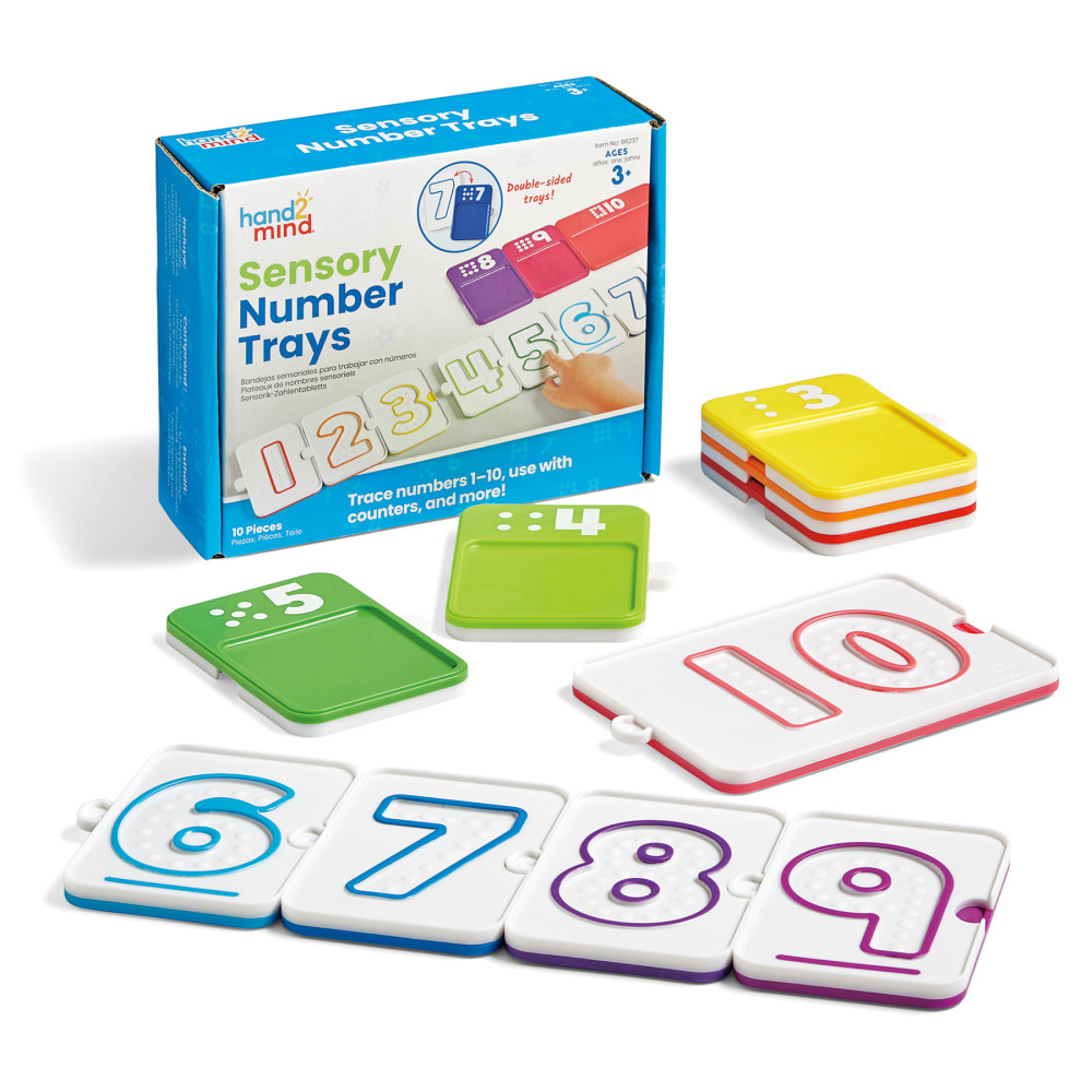 Kids can explore numbers with the Hand2Mind Sensory Number Trays Set. This set includes traceable, textured finger paths, different representations of numbers, double-sided number trays and an activity guide.  Set provides an engaging, multisensory approach to early math skills.  Traceable, textured finger paths help children connect to number shapes and build prewriting skills.  Open space is ideal for using manipulatives and counters.  Different representations of numbers allow children to deepen their number sense.  Includes 10 double-sided number trays and 1 activity guide.