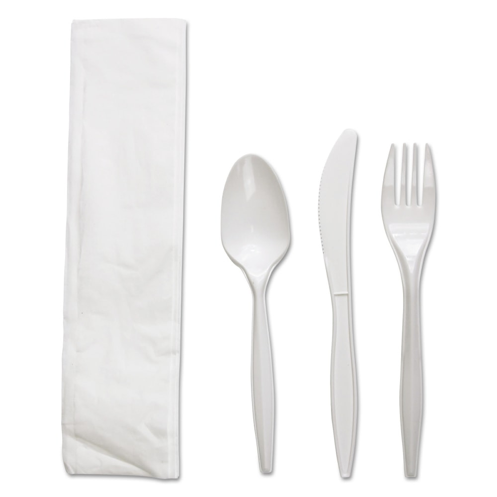LAGASSE, INC. BWKFKTNMWPPWH Boardwalk 4-Piece Cutlery Kits, Fork/Knife/Napkin/Teaspoon, 5-7/8inL, White, Carton Of 250 Kits