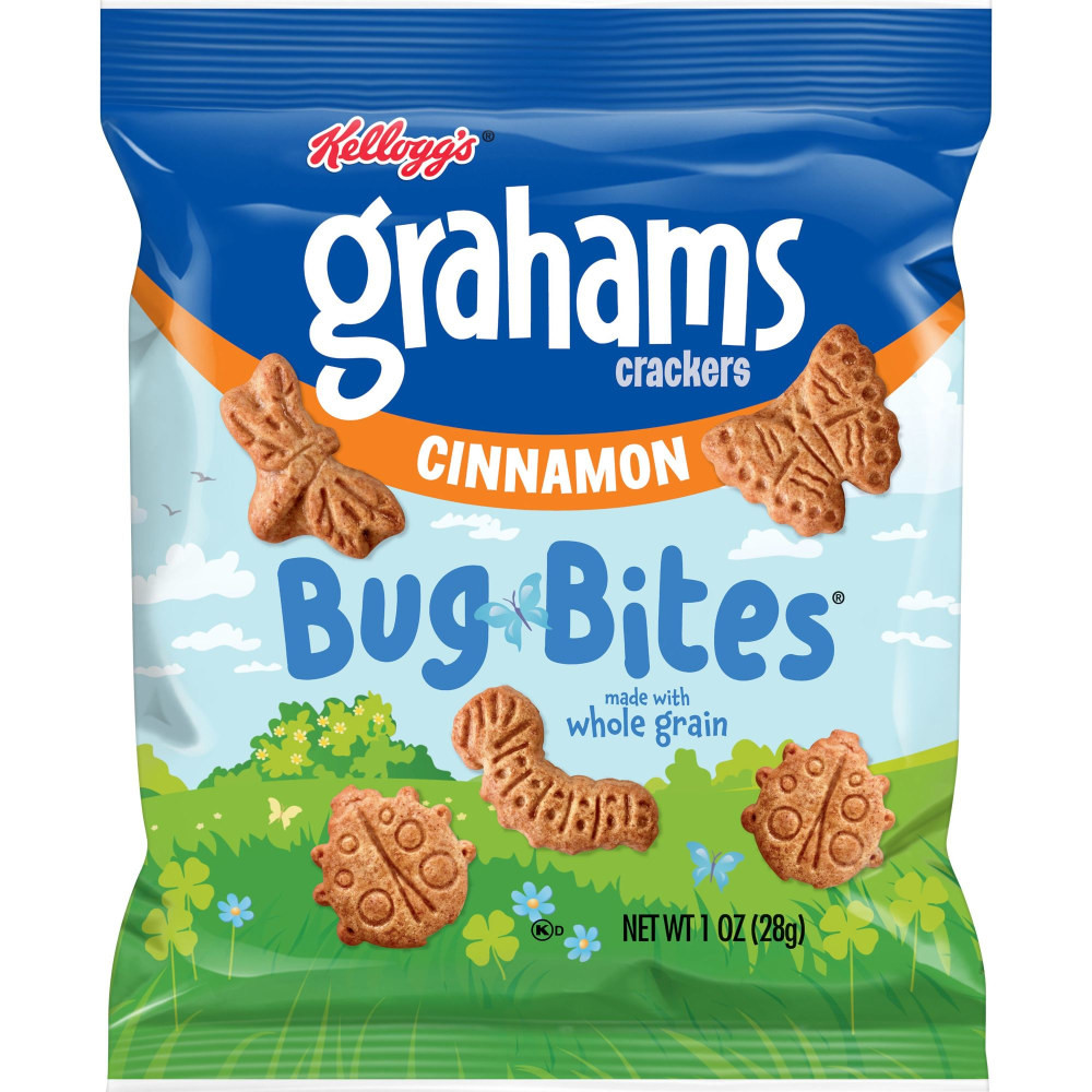Enjoy a quick snack with the Kelloggs Bug Bites Cinnamon Grahams Single Serve Bags. This single serve bags offer grab-and-go convenience, while the cinnamon flavor ensures each bite leaves a delicious taste in your mouth.  Cinnamon flavor provides a delicious taste.  Single serve size for grab-and-go convenience.  Bug shapes add fun to your snacking.