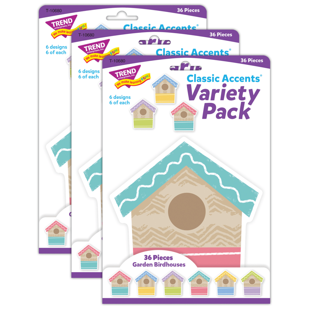 EDUCATORS RESOURCE T-10680-3 Trend Classic Accents, Garden Birdhouses, 36 Accents Per Pack, Bundle Of 3 Packs