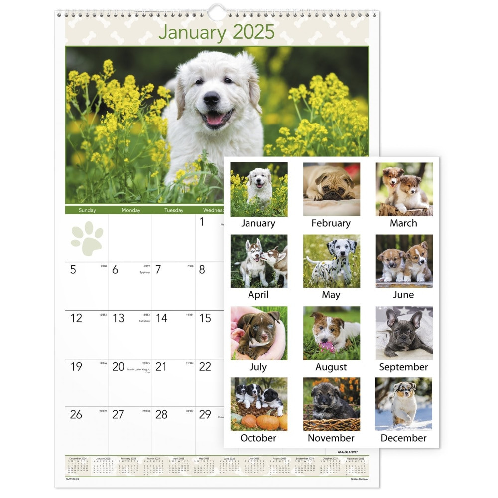 ACCO BRANDS USA, LLC DMW1672825 2025 AT-A-GLANCE Puppies Monthly Wall Calendar, 15-1/2in x 22-3/4in, Animals, January 2025 To December 2025, DMW16728