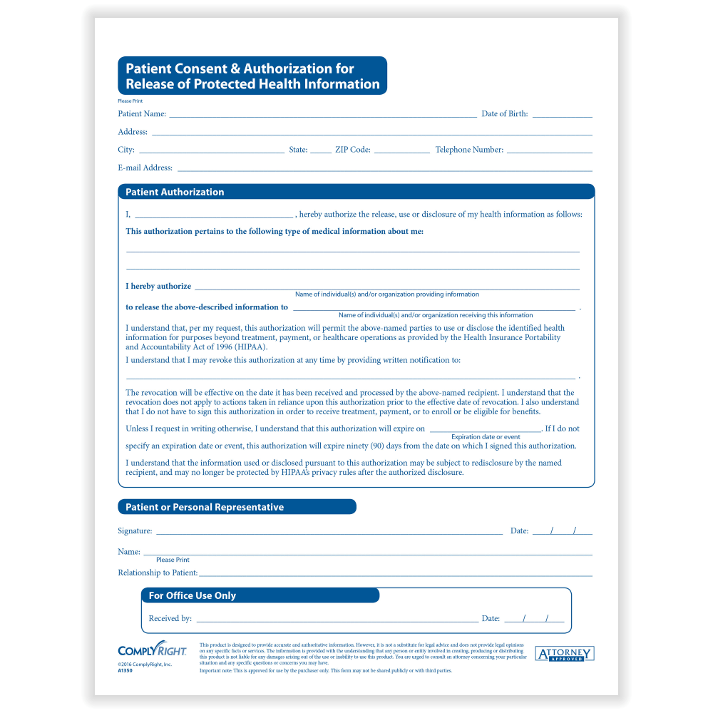 R & R VENTURES A1350 ComplyRight HIPAA Patient Consent & Authorization For Release of PHI, 8-1/2in x 11in, Pack of 200