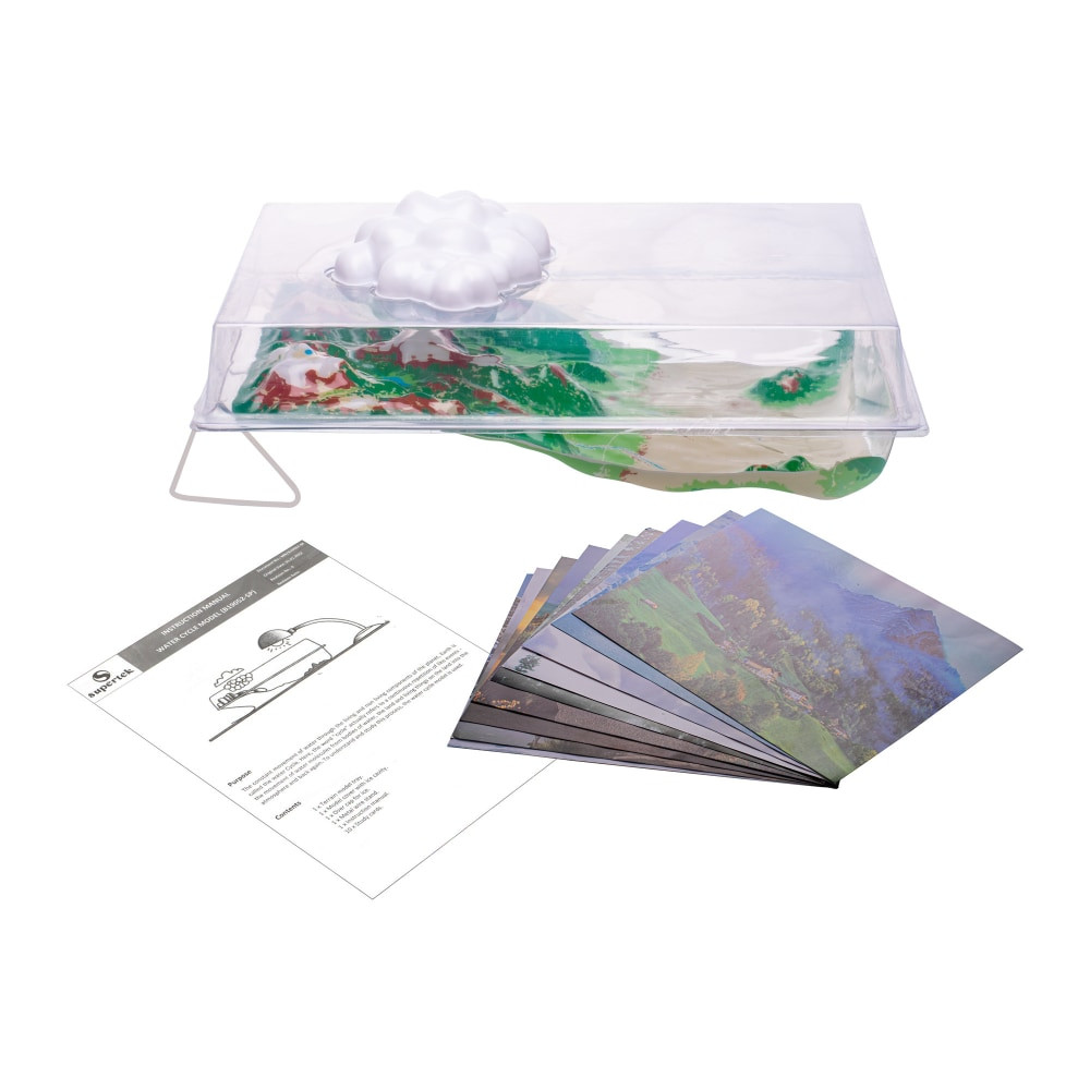 This interactive water cycle model brings the processes of evaporation, condensation, and precipitation to life in the classroom. With the help of full-color study cards and a companion guide, students can explore the different states of water and understand how the water cycle works. Simply use a heat lamp (not included) to simulate the natural processes and enhance the learning experience.  Includes a model to demonstrate evaporation, condensation, and precipitation  Comes with ten 8.5in x 11in full-color study cards  Companion guide included to support the learning process  Requires a heat lamp (not included) to operate  Helps students visualize the water cycle in action  Size of model: 17in x 12.5in x 5in  Perfect for classrooms and hands-on science lessons