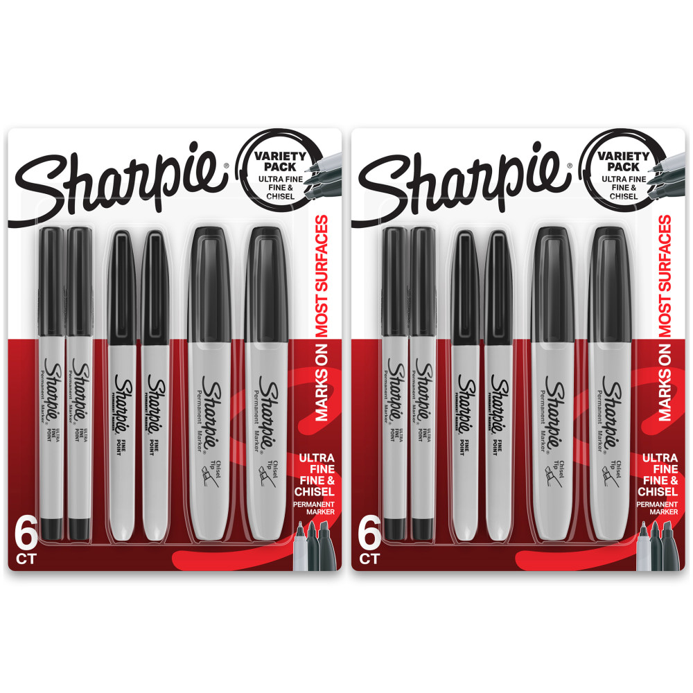 EDUCATORS RESOURCE SAN2135318-2 Sharpie Permanent Markers Variety Pack, Fine/Ultra-Fine/Chisel Point, Black, Pack Of 6 Markers, Set Of 2 Packs