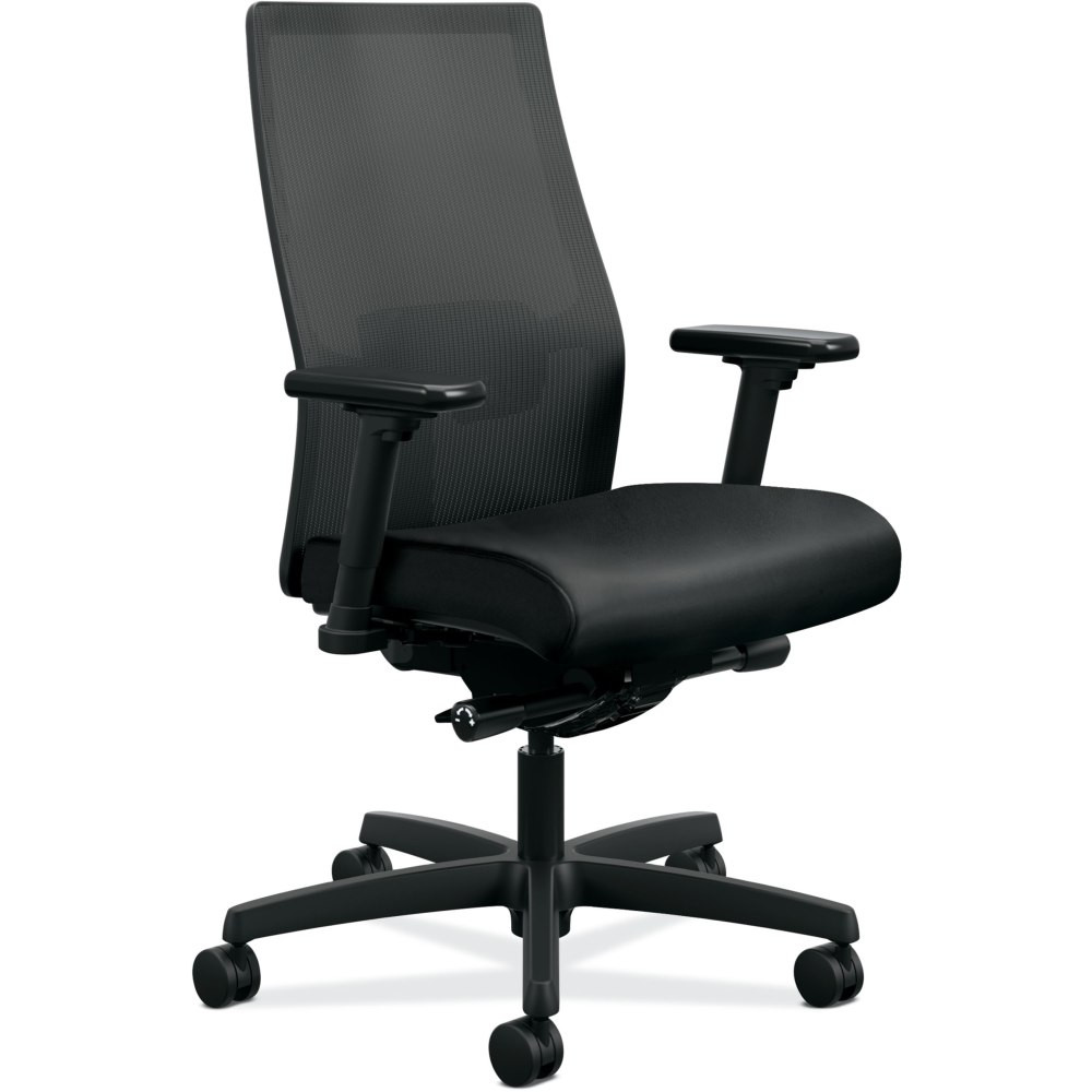 Reach for this HON chair and stay comfortable as you get things done. The mid-back office chair features a rolling and swiveling design to help you maneuver your workspace. The task chair provides a soft feel thanks to fabric and mesh, and the synchro tilt mechanism helps you find your preferred position.  Ergonomic design allows for comfort throughout the day.  Recommended for professional use 8-10 hours per day.  Weight capacity tested to support 300 lb.  Lumbar support.  Waterfall seat cushion.  Fabric upholstery and a contoured mesh back.  Synchro tilt mechanism with tilt tension and tilt lock.  Adjustable arms.  Rolls and swivels.  Assembly required.  Backed by The HON Companys Full Lifetime warranty.