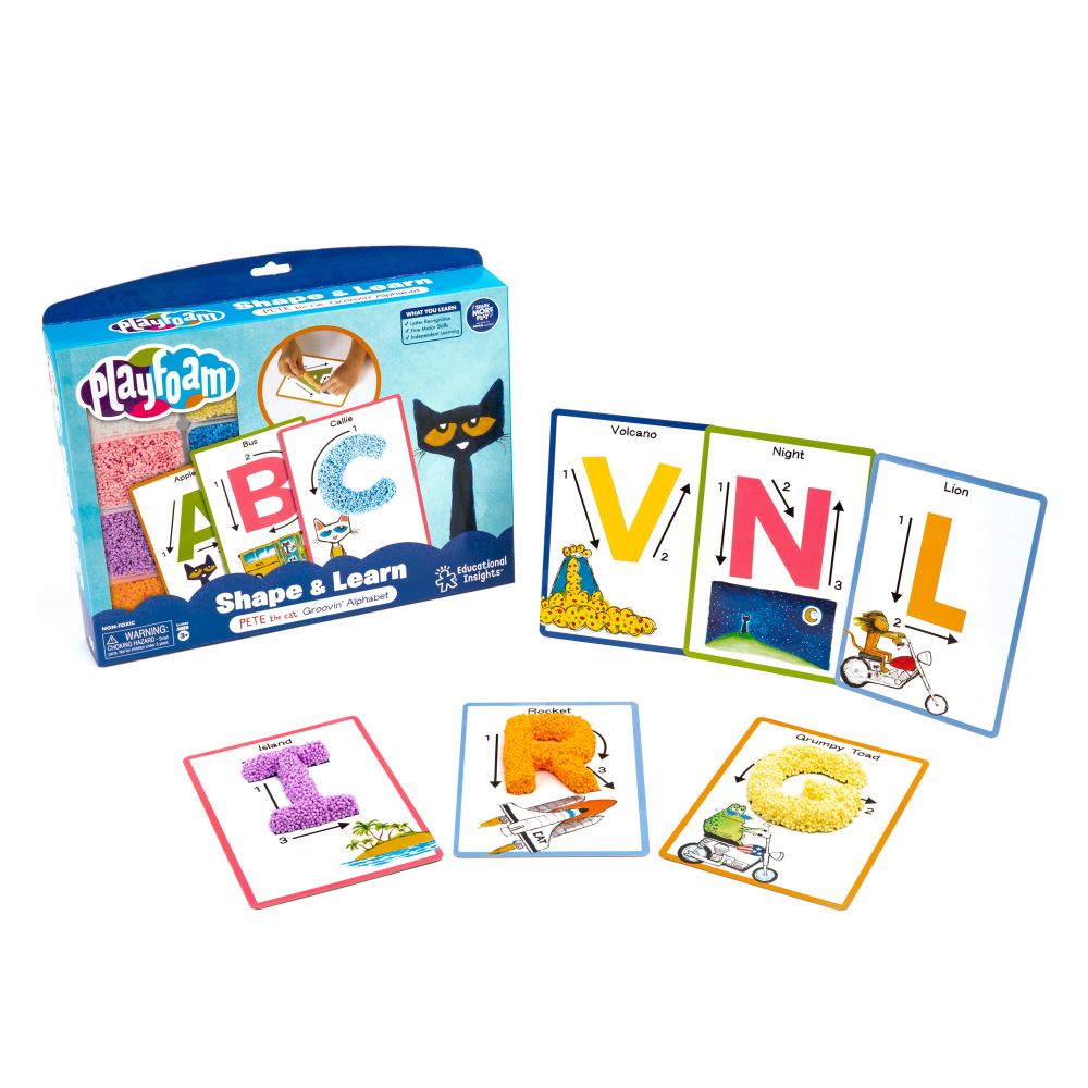 Kids will love Educational Insights Playfoam Shape & Learn Pete the Cat Groovin Alphabet, which helps them learn how to properly form letters. The playfoam bricks come in different colors, and the kit comes with 13 double-sided cards with a Pete the Cat theme.  Helps children form letters through sensory play.  Playfoam is kid-safe, non-toxic and doesnT dry out.  Comes with 8 colored Playfoam bricks and 13 double-sided Pete the Cat alphabet sculpt-me cards.
