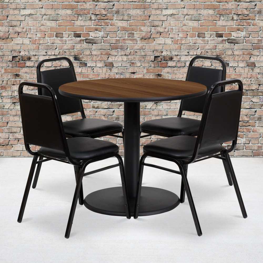 FLASH FURNITURE RSRB1004  Round Laminate Table Set With Round Base And 4 Trapezoidal-Back Banquet Chairs, 30inH x 36inW x 36inD, Walnut/Black
