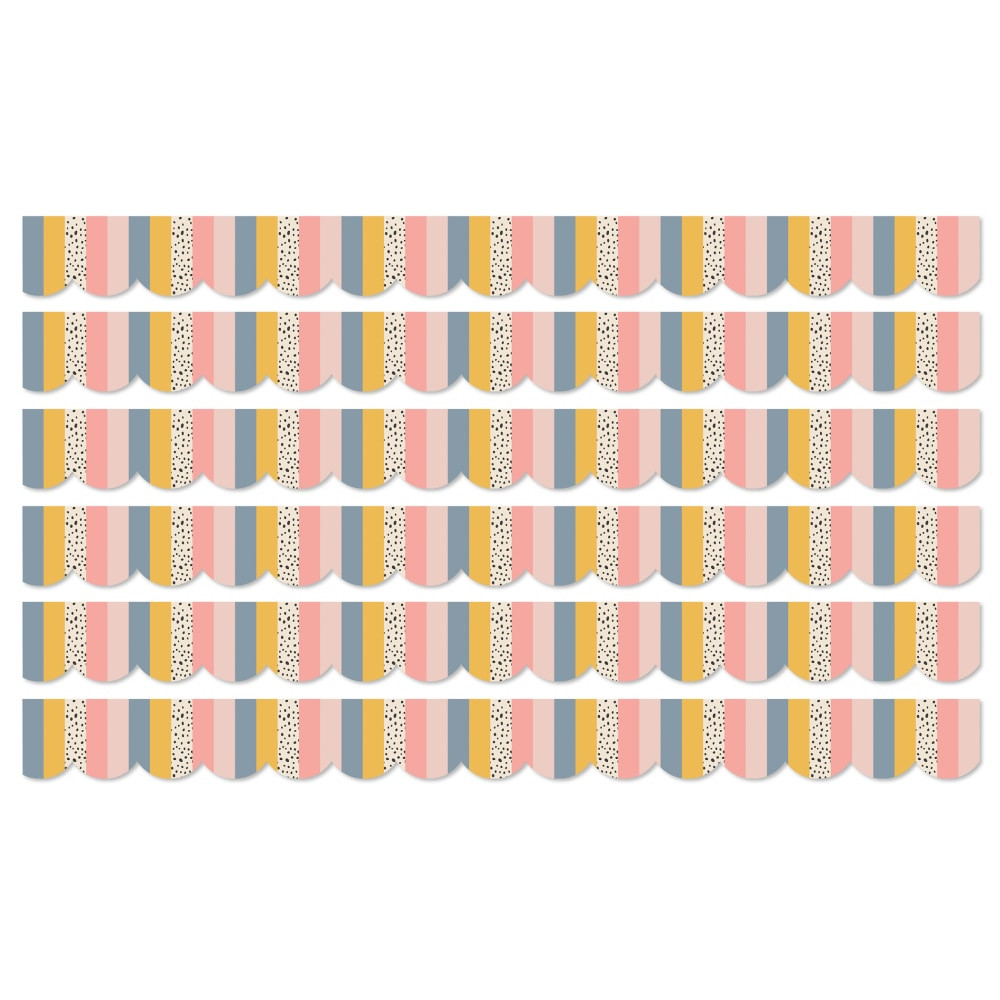 Bring some style to your classroom walls with these Carson Dellosa Education Scalloped Borders. These borders have a straight edge for design continuity and can be mixed and matched to create interesting and varied combinations.  Made from paper.  Straight edges provide design continuity.  Mix and match with other borders for unique designs.  Sold as 6 packs for a total of 78 strips (234ft).