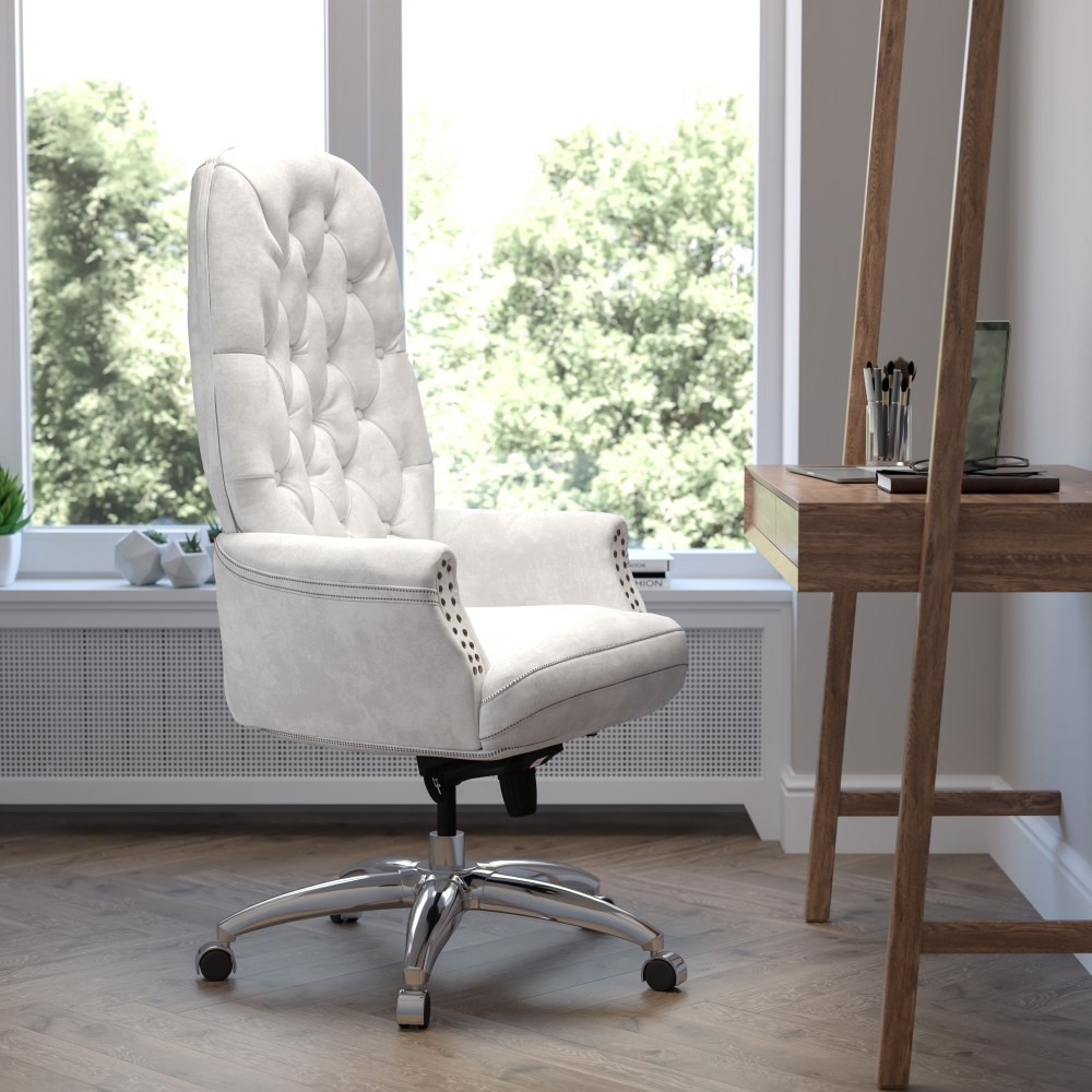 FLASH FURNITURE BT90269HWH  Ergonomic Traditional Tufted LeatherSoft High-Back Multifunction Executive Office Chair, White